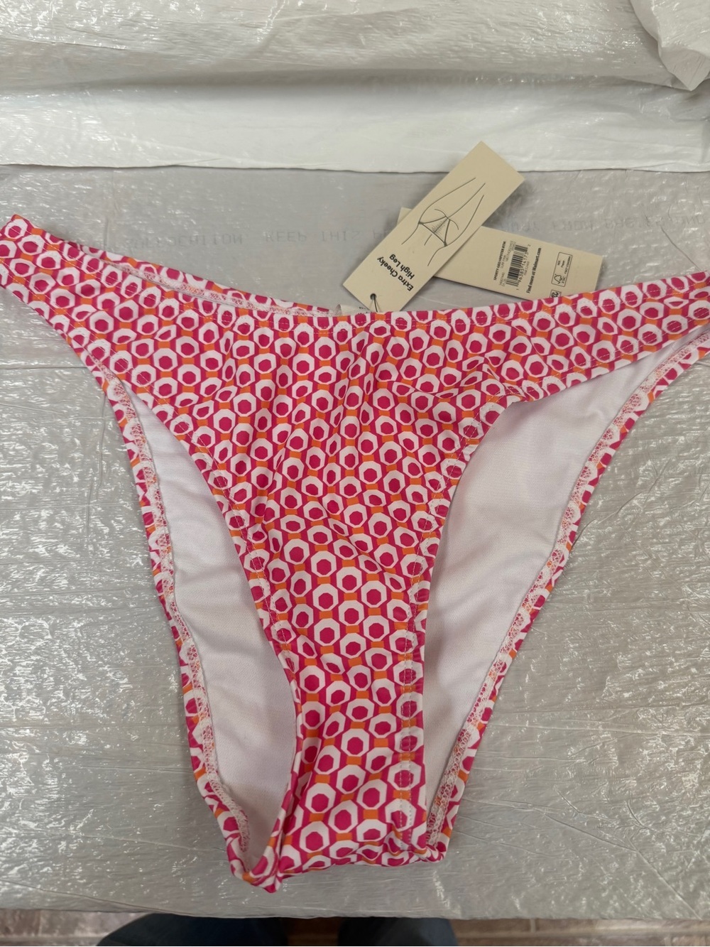 Women’s Sz M Extra Cheeky Pink, White Geo Print Bikini Bottom Swimsuit Bottom